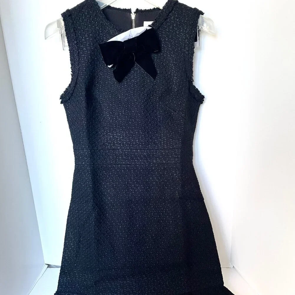 Kate Spade Dress Womens 0 Black Sheath Sleeveless Bow Tie Tweed Ruffle Short